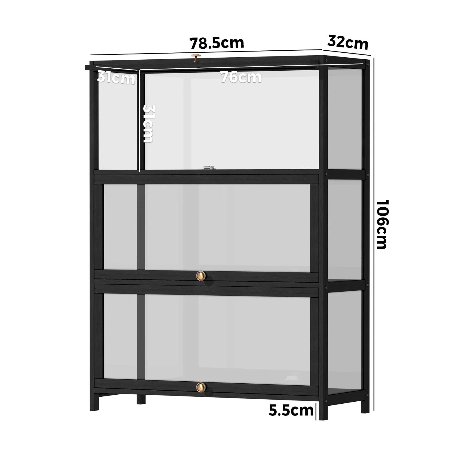 Oikiture Display Cabinet Storage 3-Tier Shelves Clear Bookcase Stand Rack Black
