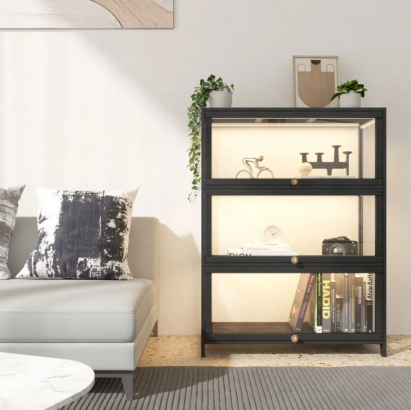 Oikiture Display Cabinet Storage 3-Tier Shelves Clear Bookcase Stand Rack Black