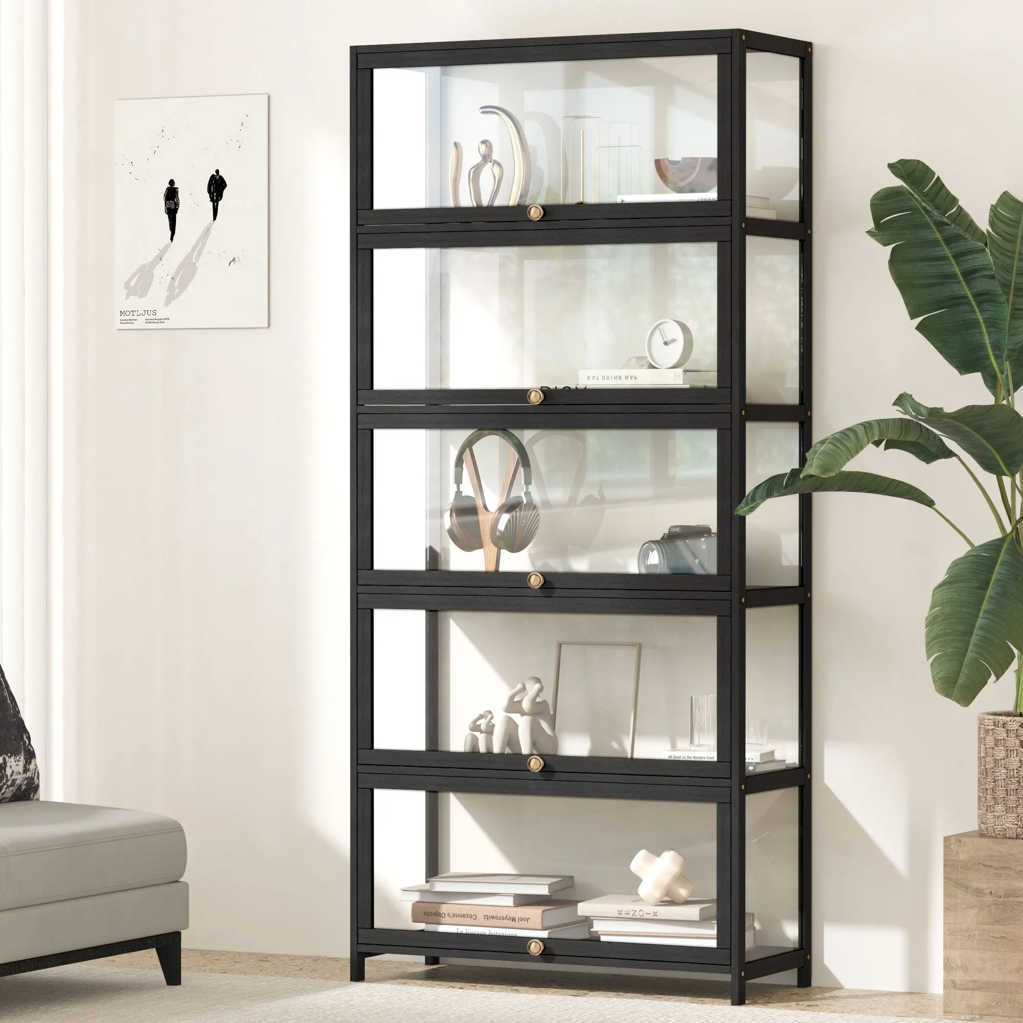 Oikiture Display Cabinet Storage 5-Tier Shelves Clear Bookcase Stand Rack Black