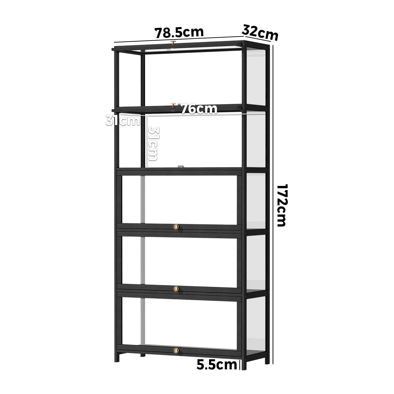 Oikiture Display Cabinet Storage 5-Tier Shelves Clear Bookcase Stand Rack Black