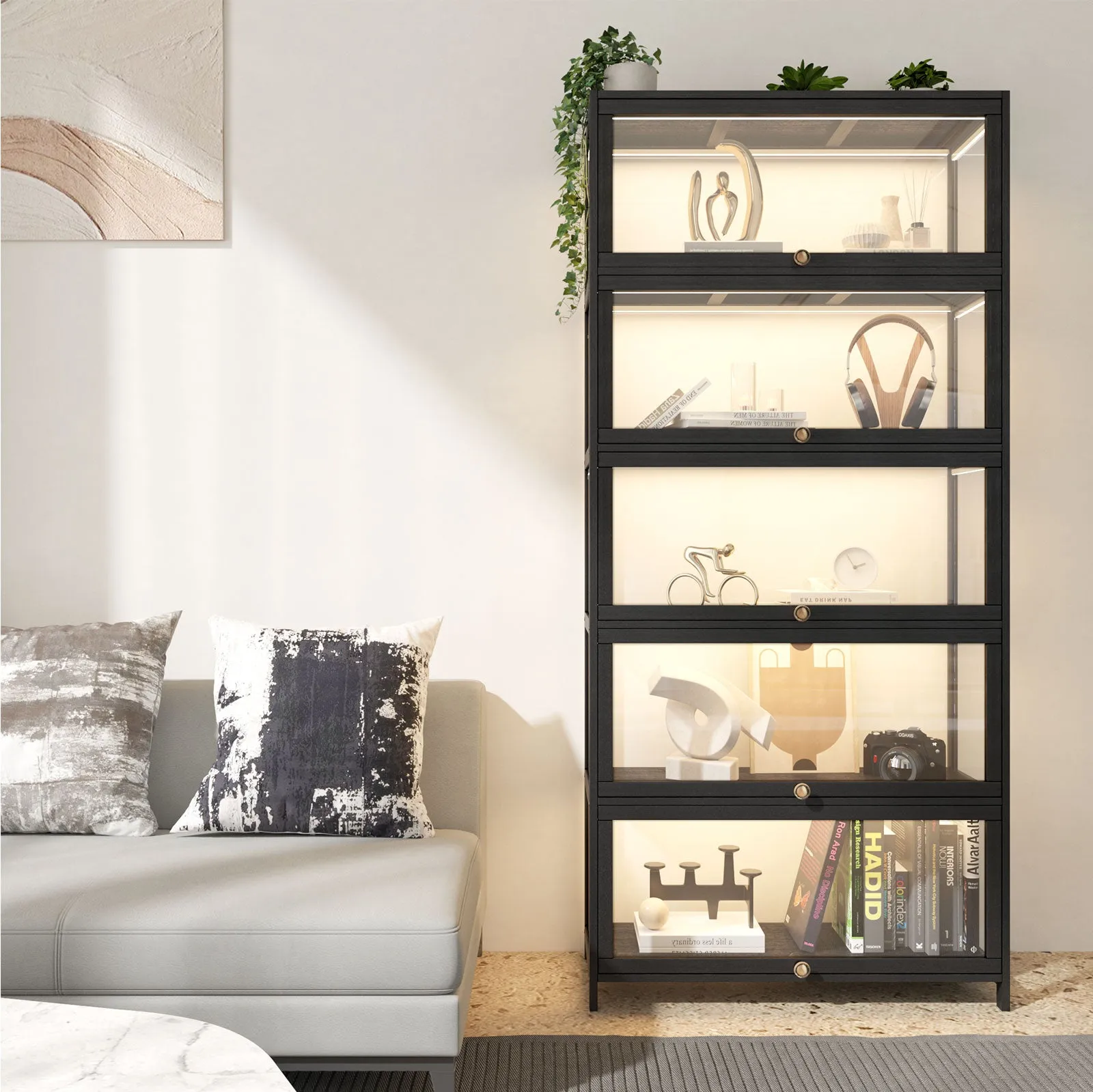 Oikiture Display Cabinet Storage 5-Tier Shelves Clear Bookcase Stand Rack Black