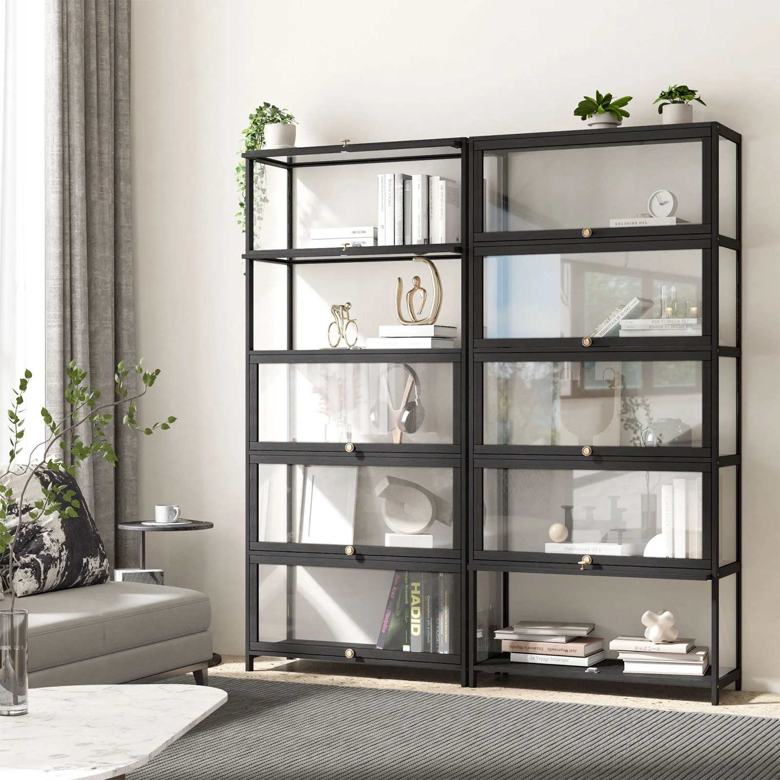 Oikiture Display Cabinet Storage 5-Tier Shelves Clear Bookcase Stand Rack Black