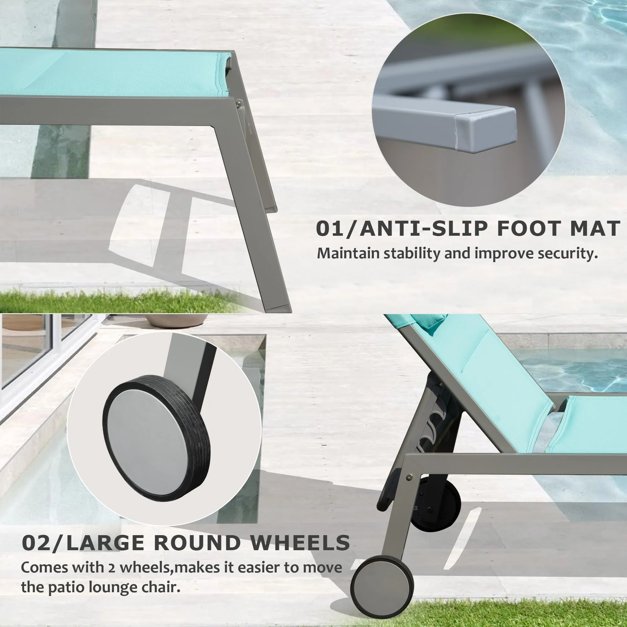 Outdoor Patio Chaise Lounge Set of 3, Aluminum Pool Lounge Chairs with and Wheels, Textilene Padded Adjustable Recliner All Weather for Poolside, Beach, Yard, Balcony (Lake Blue)