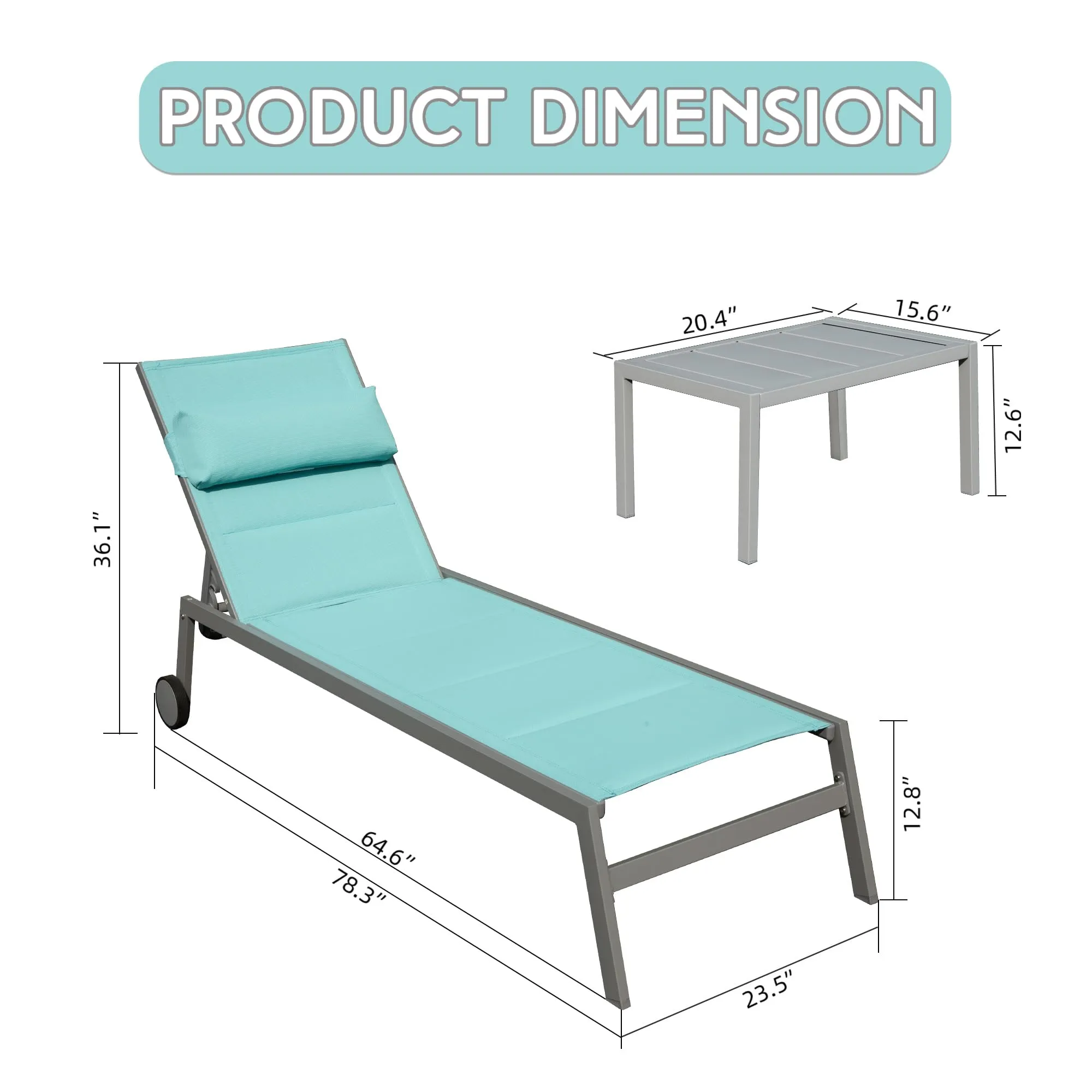 Outdoor Patio Chaise Lounge Set of 3, Aluminum Pool Lounge Chairs with and Wheels, Textilene Padded Adjustable Recliner All Weather for Poolside, Beach, Yard, Balcony (Lake Blue)