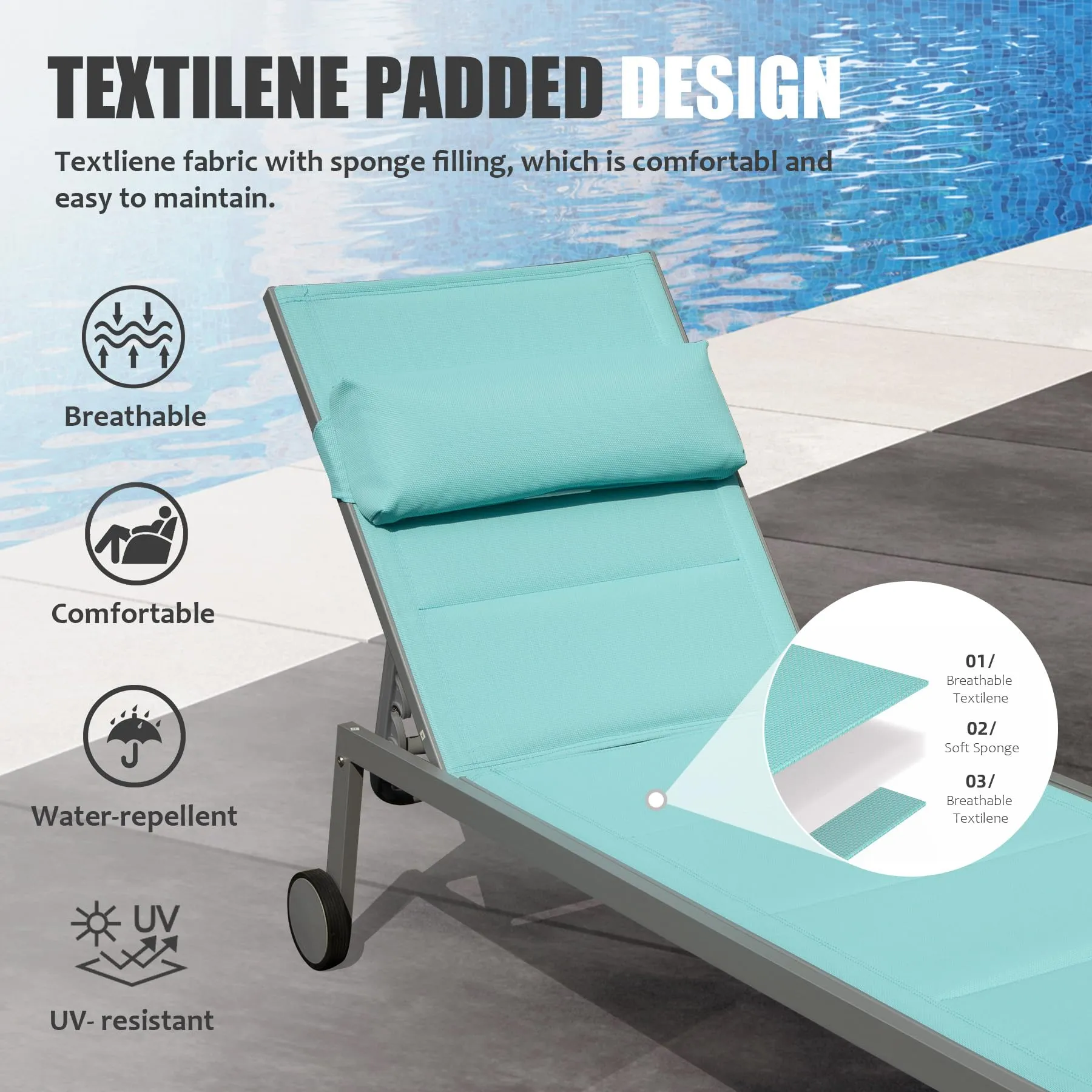 Outdoor Patio Chaise Lounge Set of 3, Aluminum Pool Lounge Chairs with and Wheels, Textilene Padded Adjustable Recliner All Weather for Poolside, Beach, Yard, Balcony (Lake Blue)