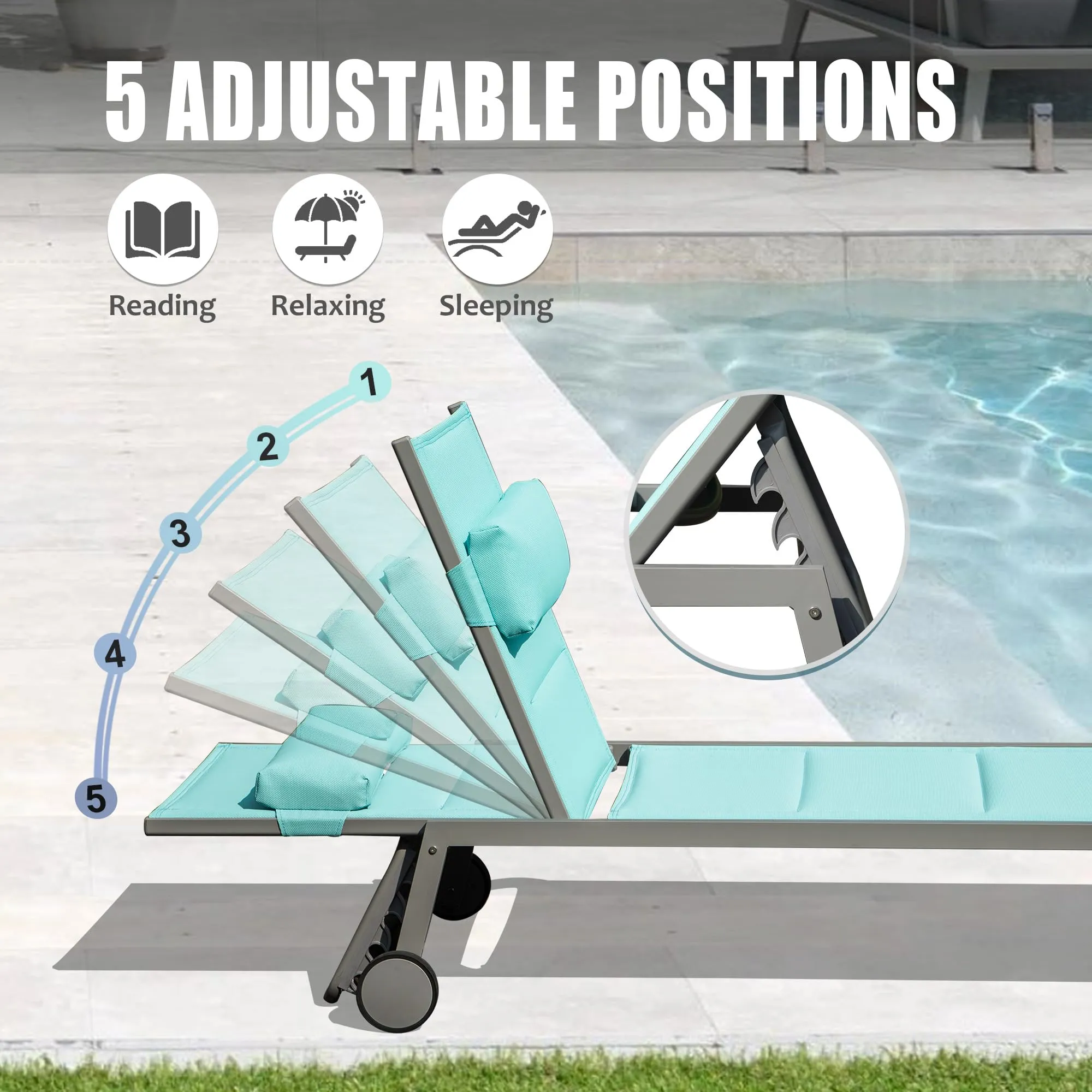 Outdoor Patio Chaise Lounge Set of 3, Aluminum Pool Lounge Chairs with and Wheels, Textilene Padded Adjustable Recliner All Weather for Poolside, Beach, Yard, Balcony (Lake Blue)