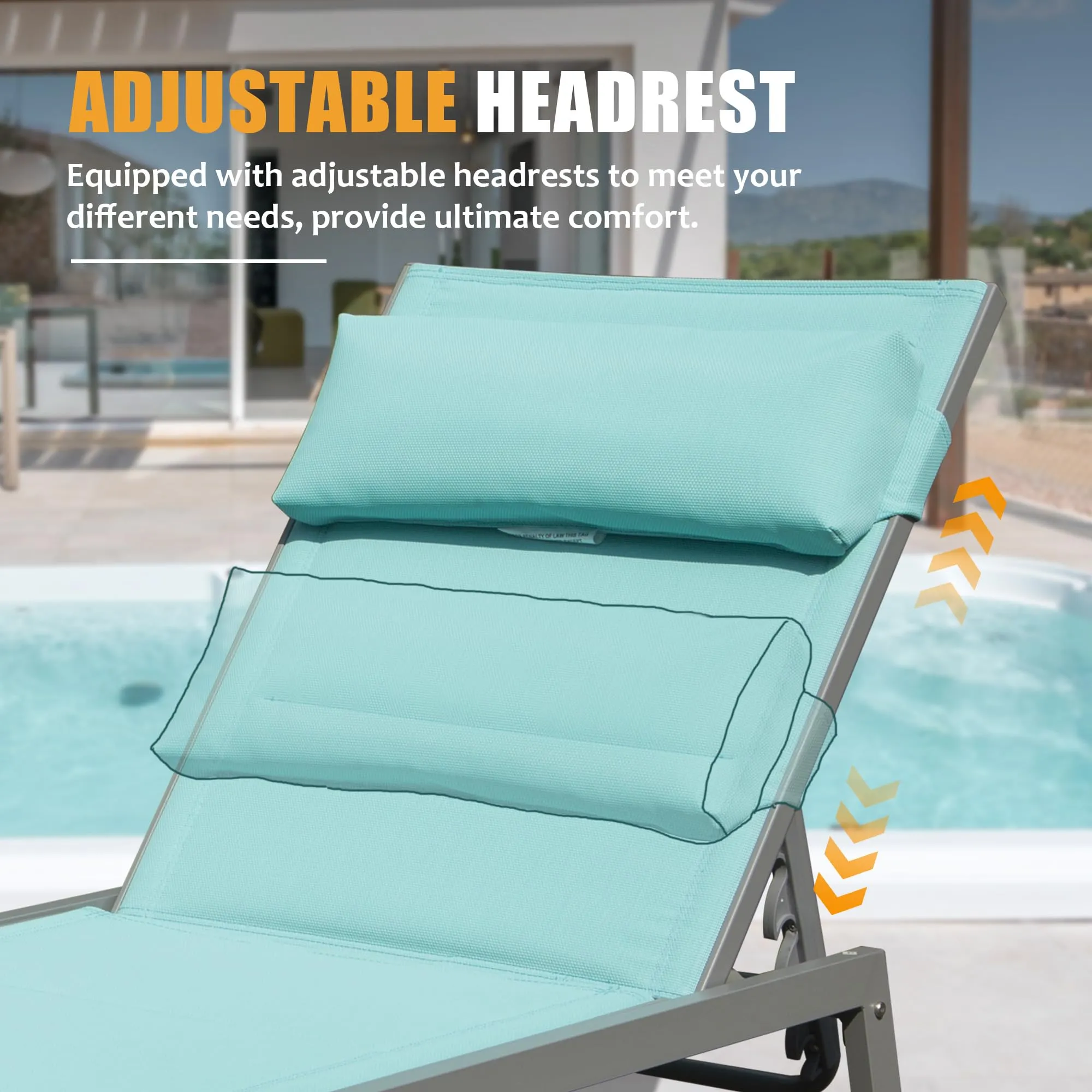 Outdoor Patio Chaise Lounge Set of 3, Aluminum Pool Lounge Chairs with and Wheels, Textilene Padded Adjustable Recliner All Weather for Poolside, Beach, Yard, Balcony (Lake Blue)
