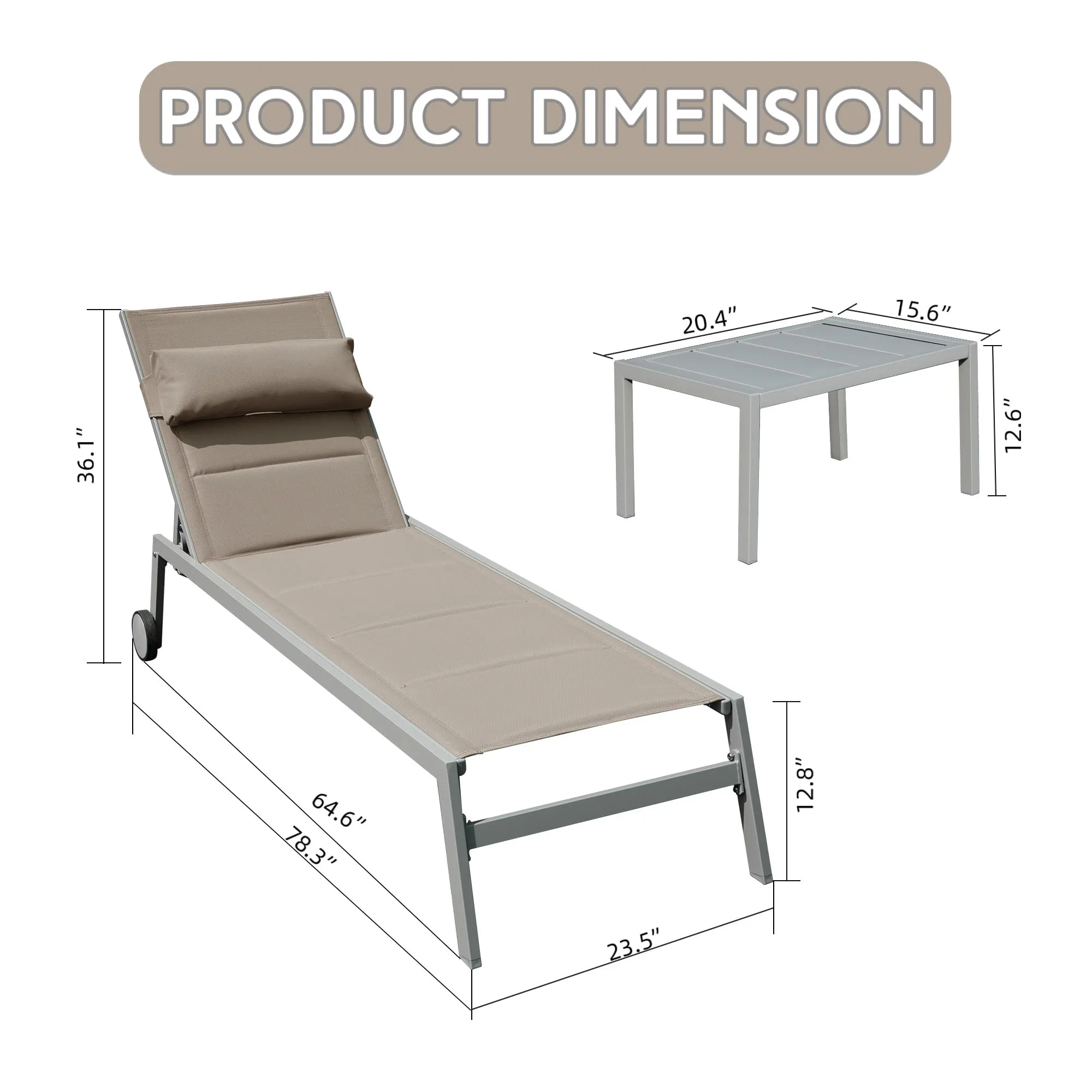 Outdoor Patio Chaise Lounge Set of 3, Aluminum Pool Lounge Chairs with Side Table and Wheels, Textilene Padded Adjustable Recliner All Weather for Poolside, Beach, Yard, Balcony (Khaki)