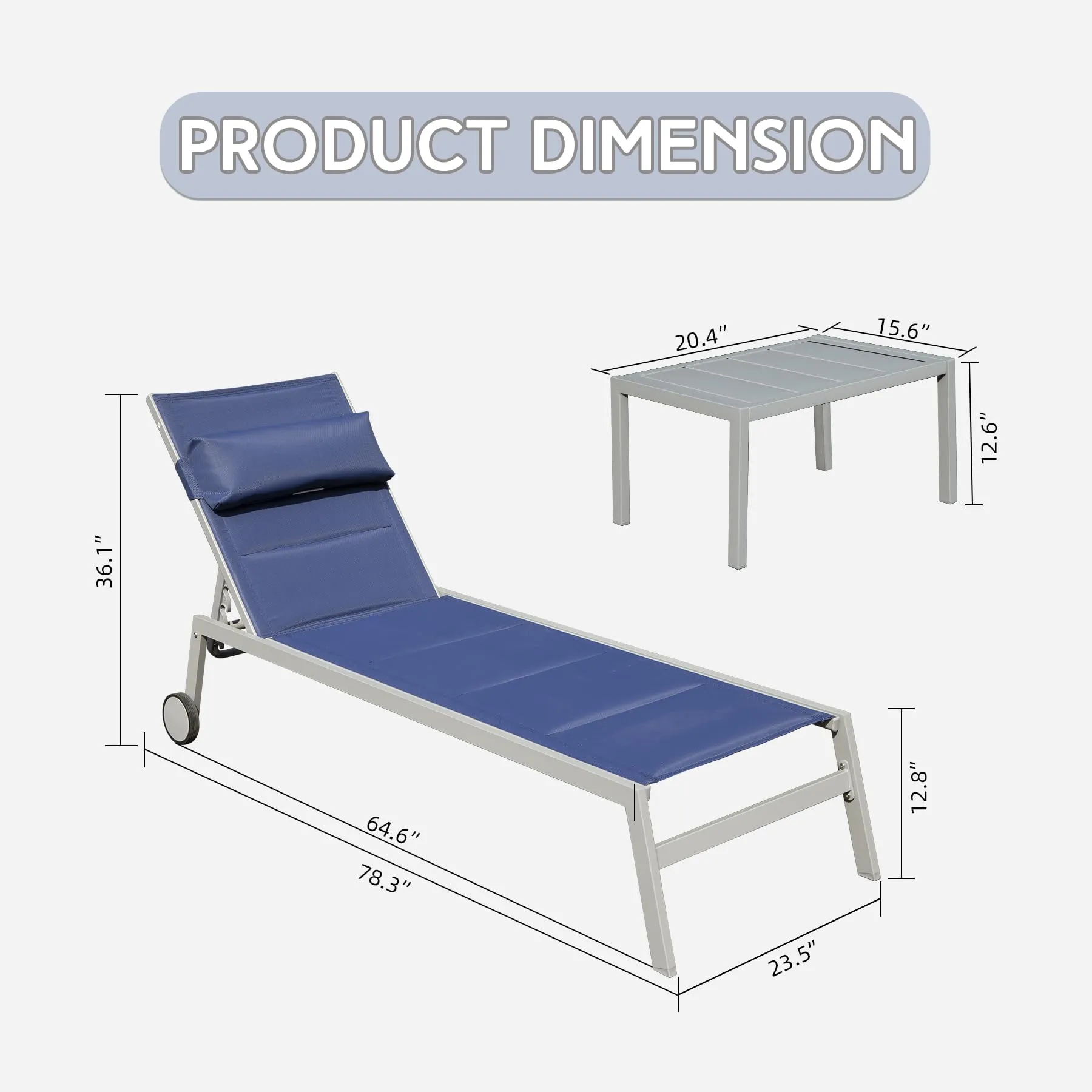 Outdoor Patio Chaise Lounge Set of 3, Aluminum Pool Lounge Chairs with Side Table and Wheels, Textilene Padded Adjustable Recliner All Weather for Poolside, Beach, Yard, Balcony (Navy Blue)