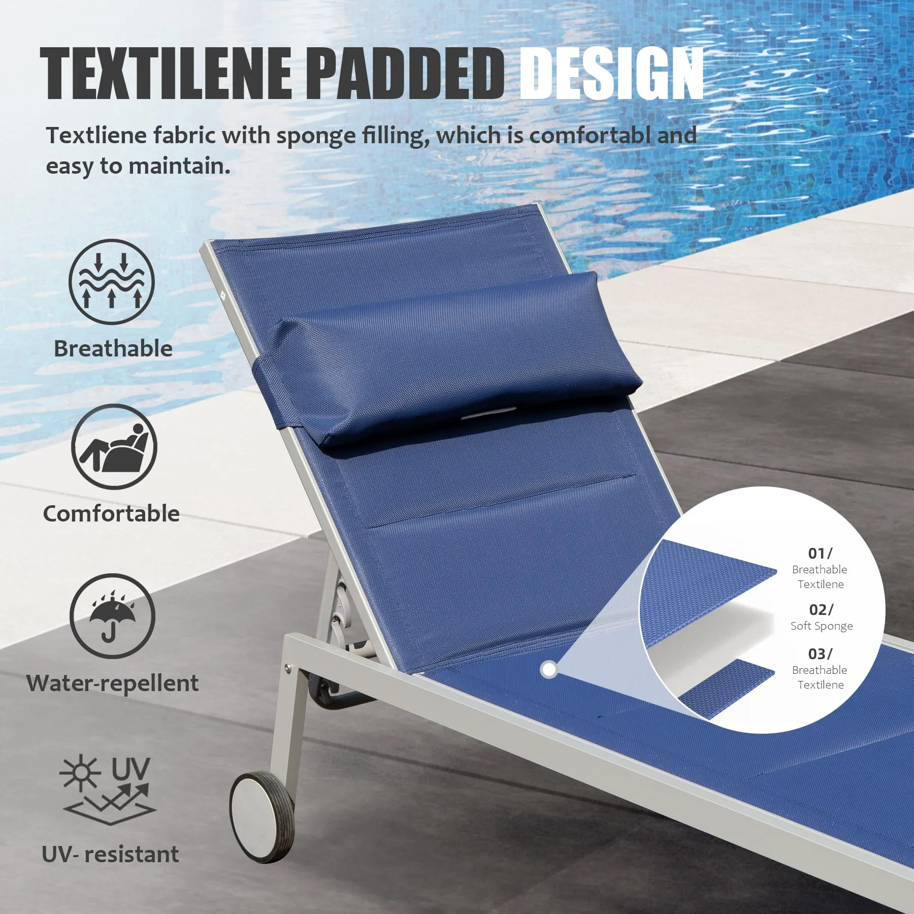 Outdoor Patio Chaise Lounge Set of 3, Aluminum Pool Lounge Chairs with Side Table and Wheels, Textilene Padded Adjustable Recliner All Weather for Poolside, Beach, Yard, Balcony (Navy Blue)