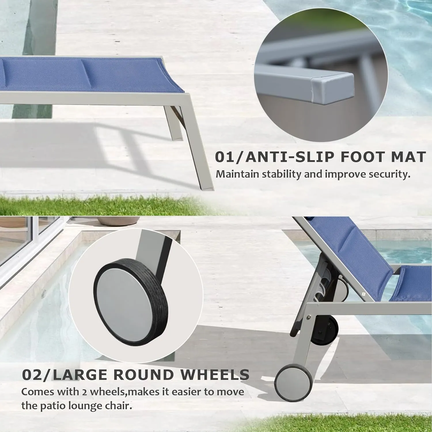 Outdoor Patio Chaise Lounge Set of 3, Aluminum Pool Lounge Chairs with Side Table and Wheels, Textilene Padded Adjustable Recliner All Weather for Poolside, Beach, Yard, Balcony (Navy Blue)
