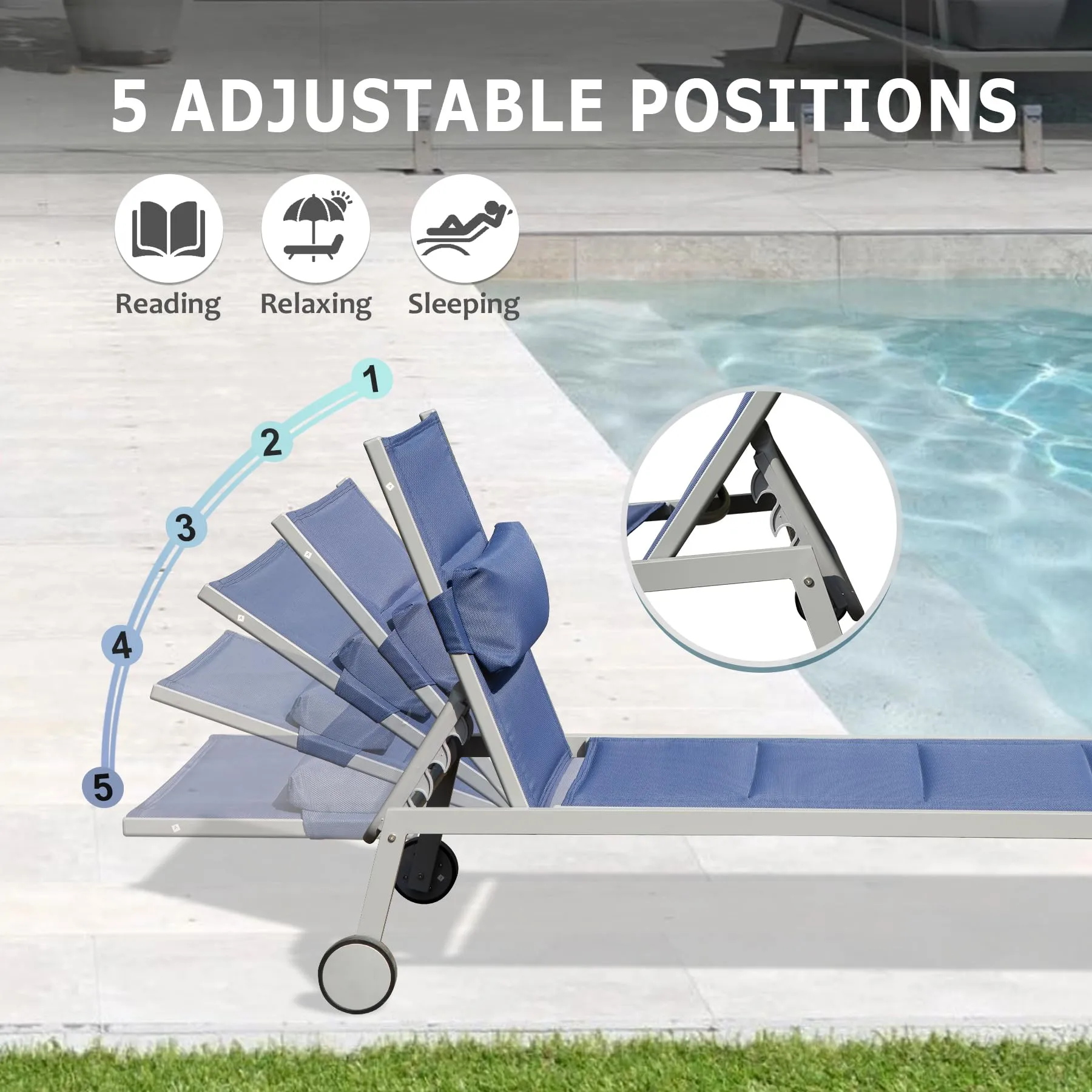 Outdoor Patio Chaise Lounge Set of 3, Aluminum Pool Lounge Chairs with Side Table and Wheels, Textilene Padded Adjustable Recliner All Weather for Poolside, Beach, Yard, Balcony (Navy Blue)