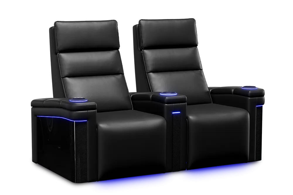 Valencia Monza Leather Home Theater Seating With Carbon Fiber Panel Row of 2, Black