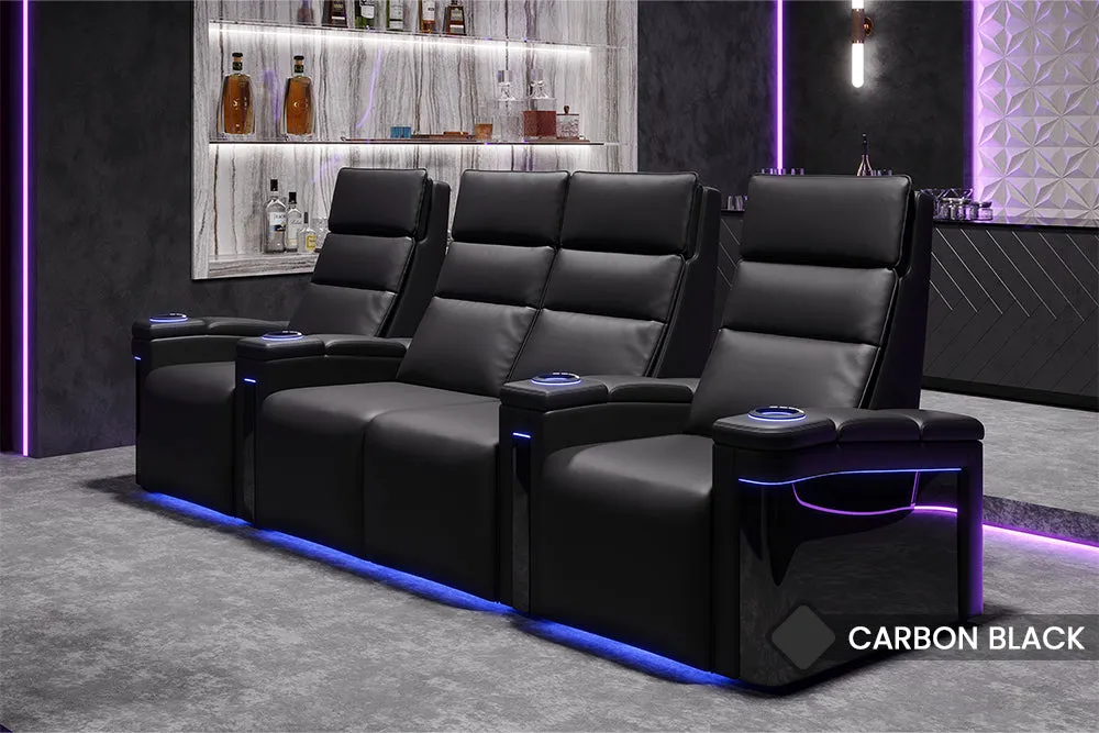 Valencia Monza Leather Home Theater Seating With Carbon Fiber Panel Row of 2, Black