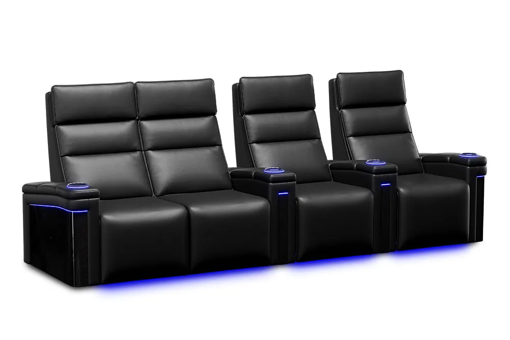 Valencia Monza Leather Home Theater Seating With Carbon Fiber Panel Row of 4 Loveseat Left, Black