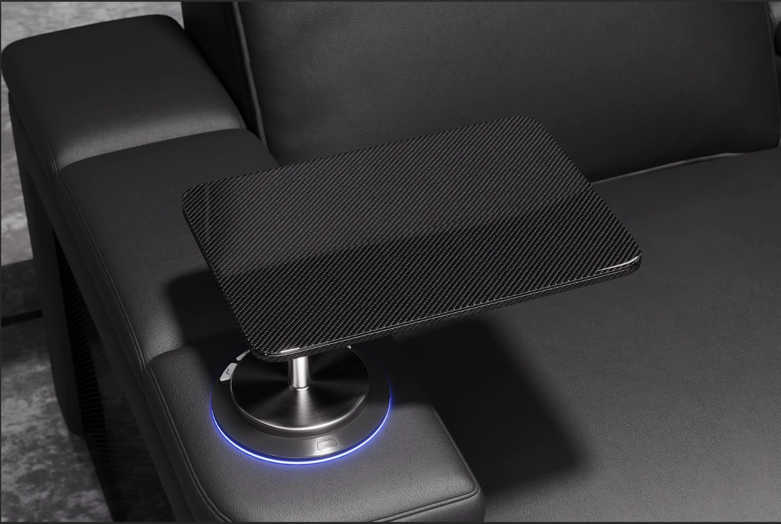 Valencia Monza Leather Home Theater Seating With Carbon Fiber Panel Row of 4 Loveseat Left, Black