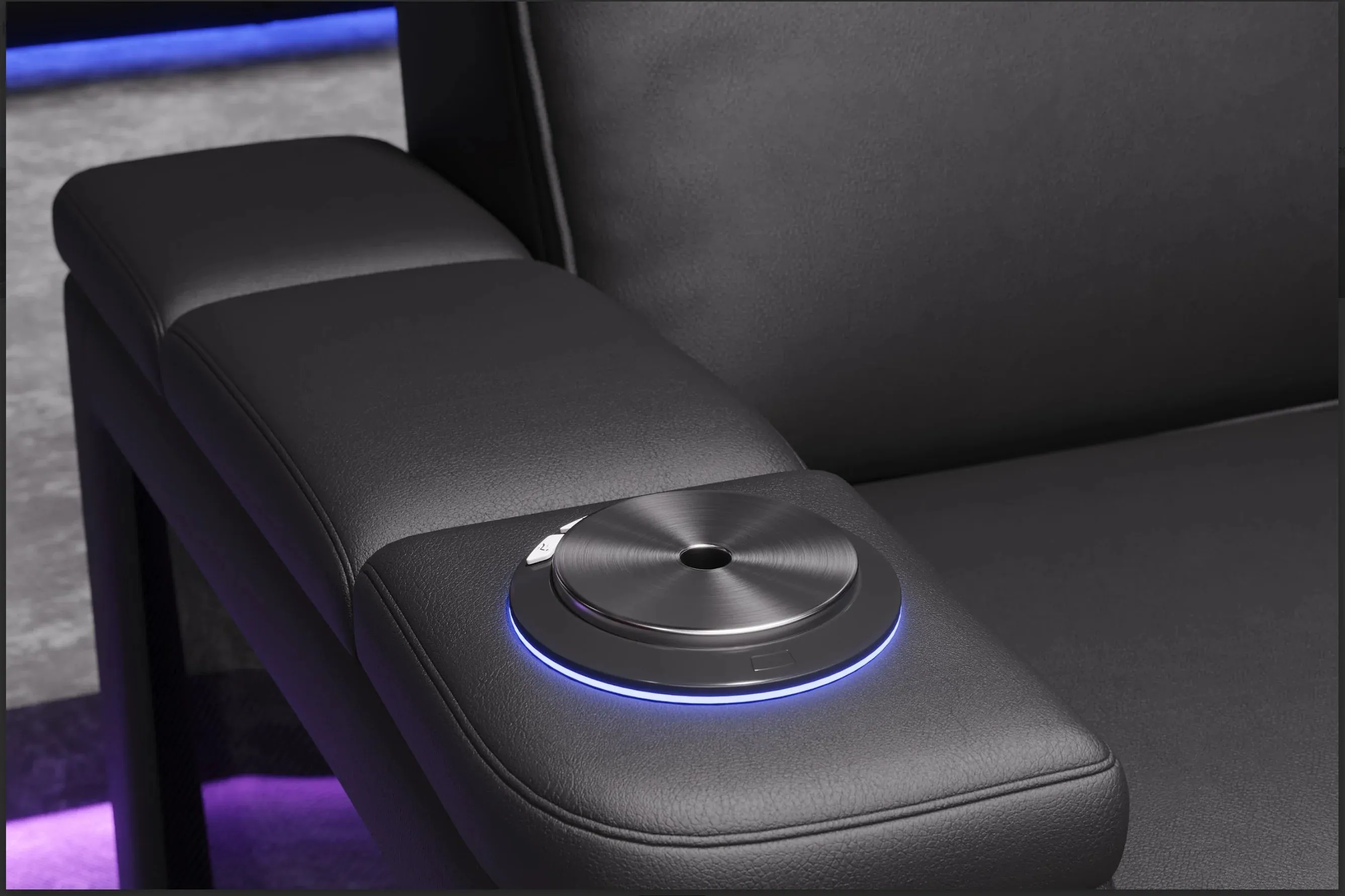 Valencia Monza Leather Home Theater Seating With Carbon Fiber Panel Row of 4 Loveseat Right, Black
