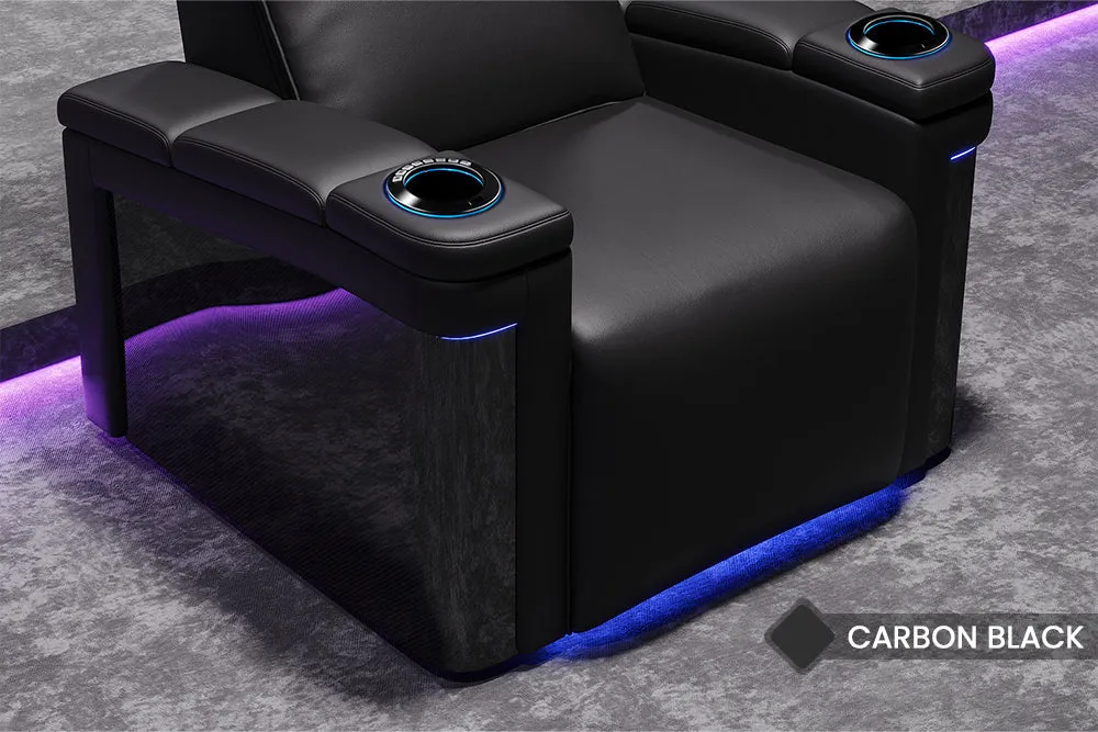 Valencia Monza Leather Home Theater Seating With Carbon Fiber Panel Row of 4 Loveseat Right, Black