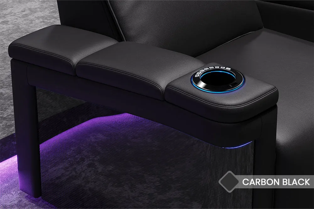 Valencia Monza Leather Home Theater Seating With Carbon Fiber Panel Row of 4 Loveseat Right, Black