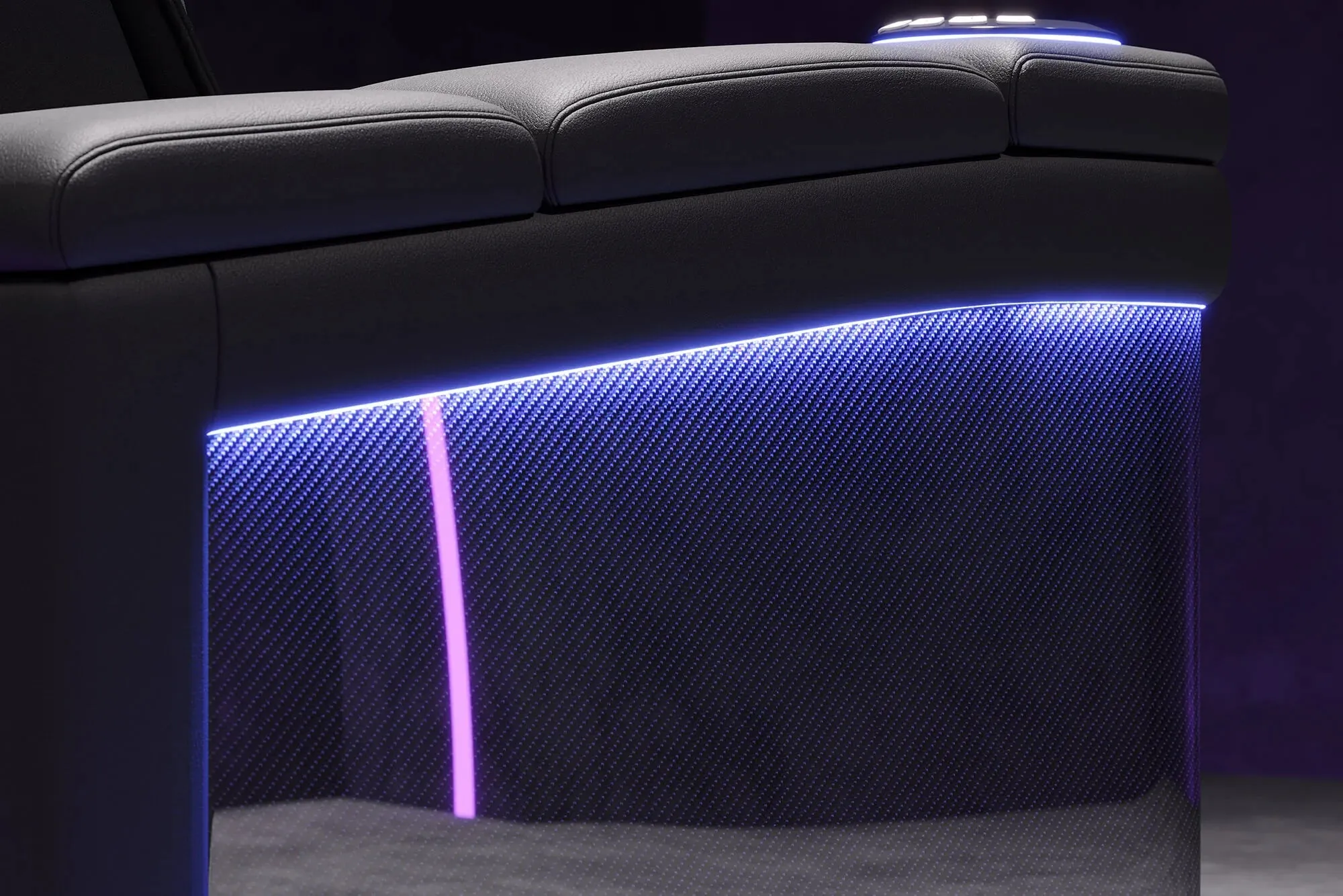Valencia Monza Leather Home Theater Seating With Carbon Fiber Panel Row of 5, Black
