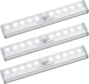 Vyanlight Motion Sensor LED Lights, 10 LED Battery Operated Motion Light, Stick-On Anywhere Magnetic Night Light Bar for under Cabinet, Closet, Hallway, Stairway, Wardrobe, Kitchen, Vanity, 3 Pack