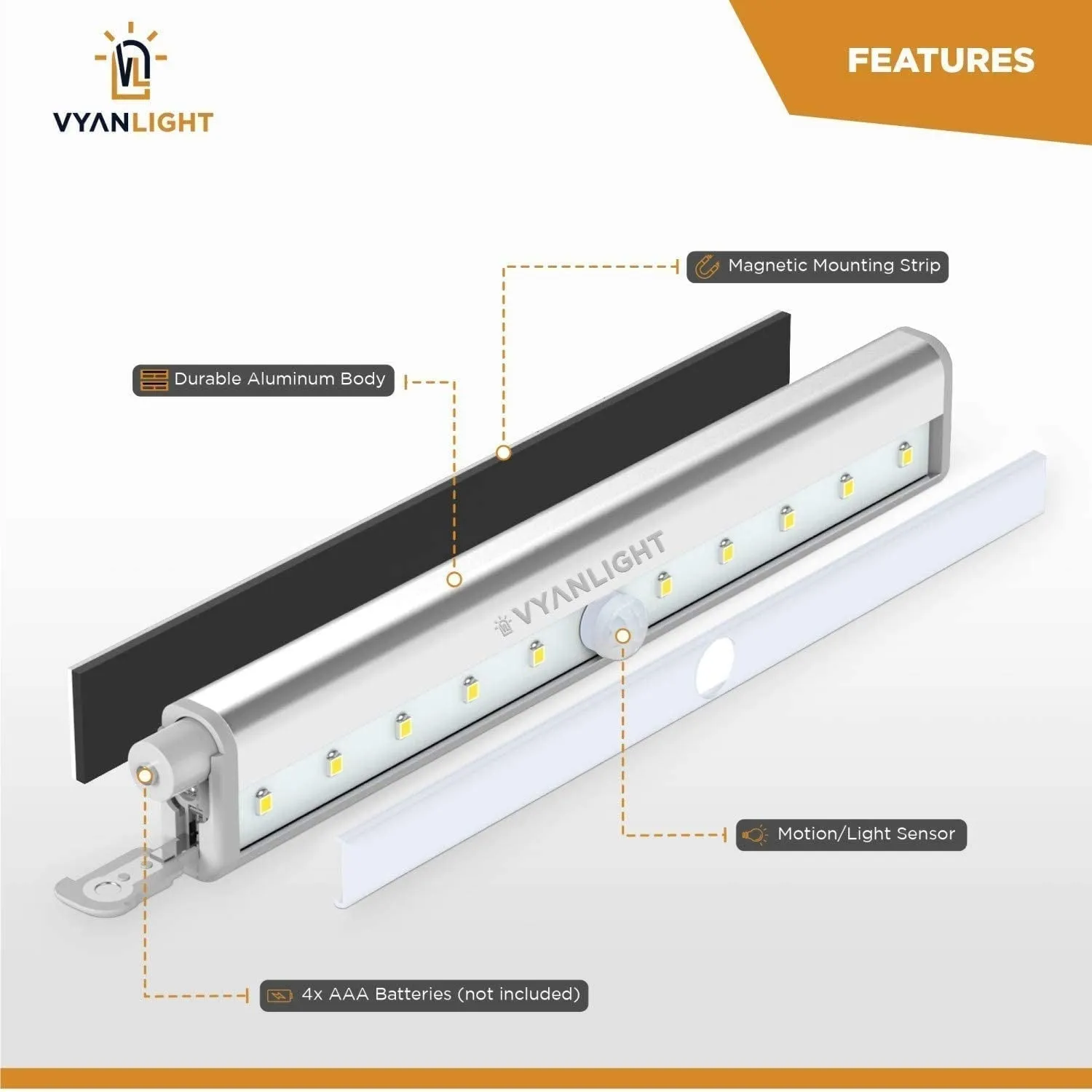 Vyanlight Motion Sensor LED Lights, 10 LED Battery Operated Motion Light, Stick-On Anywhere Magnetic Night Light Bar for under Cabinet, Closet, Hallway, Stairway, Wardrobe, Kitchen, Vanity, 3 Pack