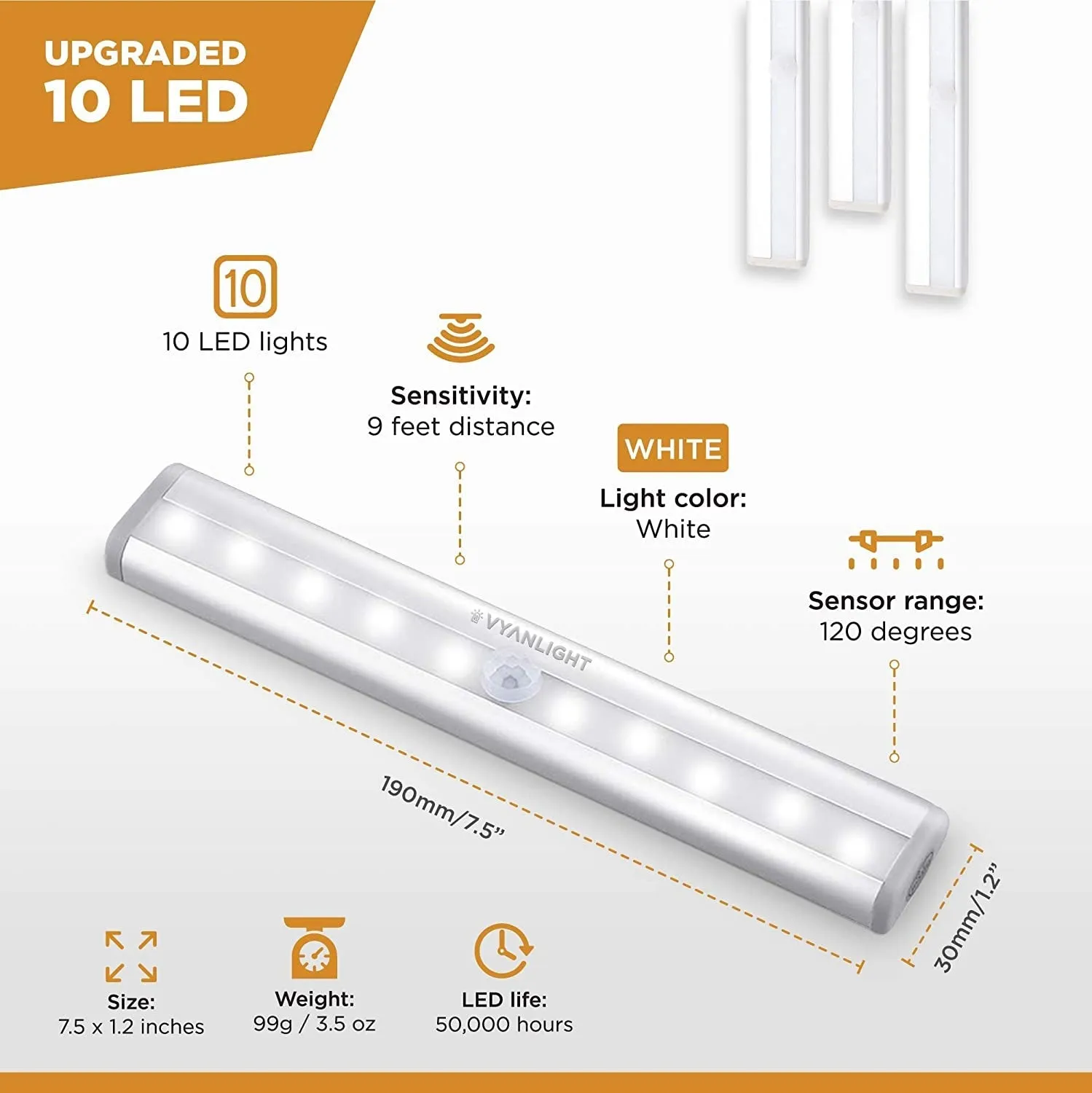 Vyanlight Motion Sensor LED Lights, 10 LED Battery Operated Motion Light, Stick-On Anywhere Magnetic Night Light Bar for under Cabinet, Closet, Hallway, Stairway, Wardrobe, Kitchen, Vanity, 3 Pack