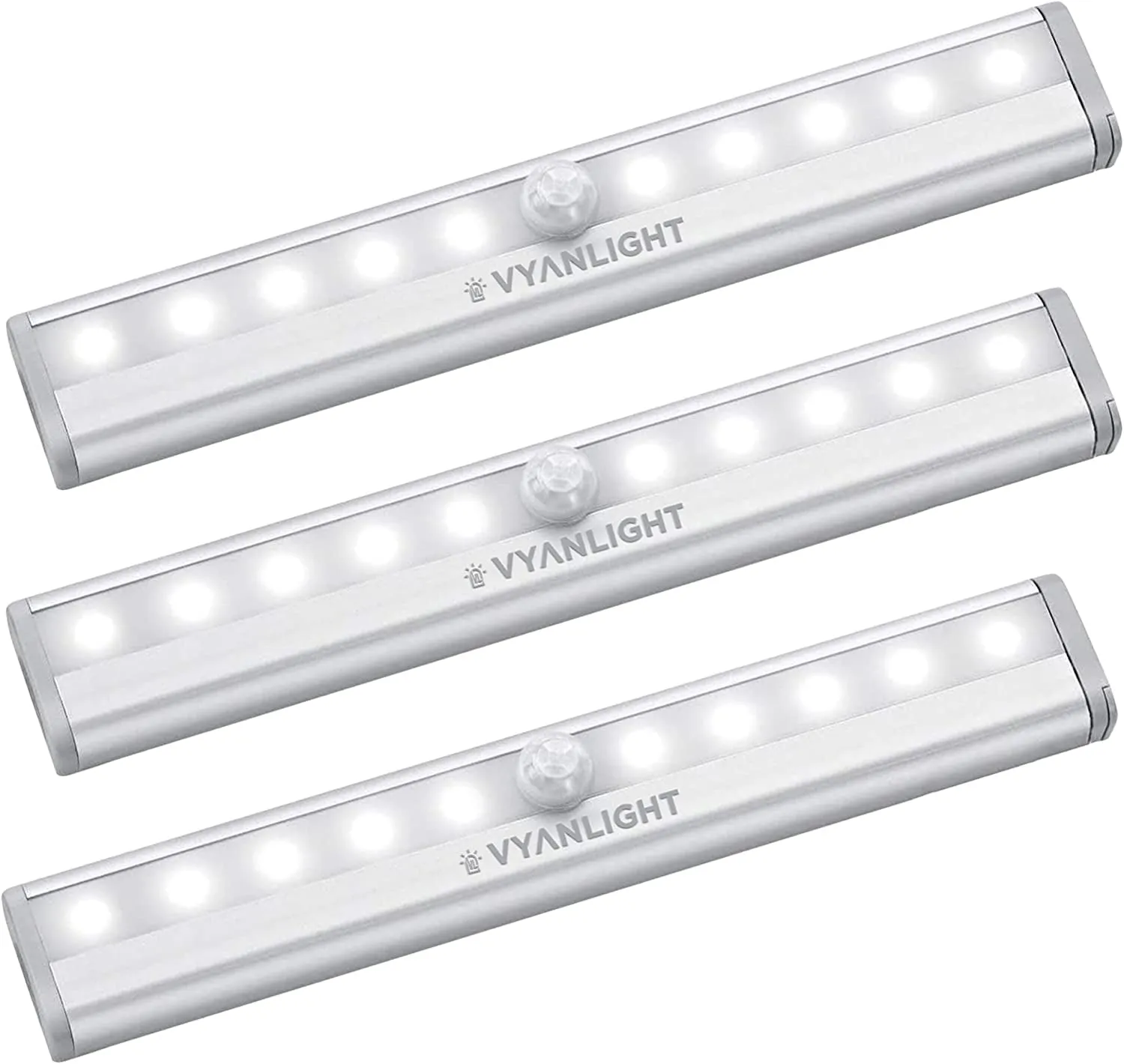 Vyanlight Motion Sensor LED Lights, 10 LED Battery Operated Motion Light, Stick-On Anywhere Magnetic Night Light Bar for under Cabinet, Closet, Hallway, Stairway, Wardrobe, Kitchen, Vanity, 3 Pack